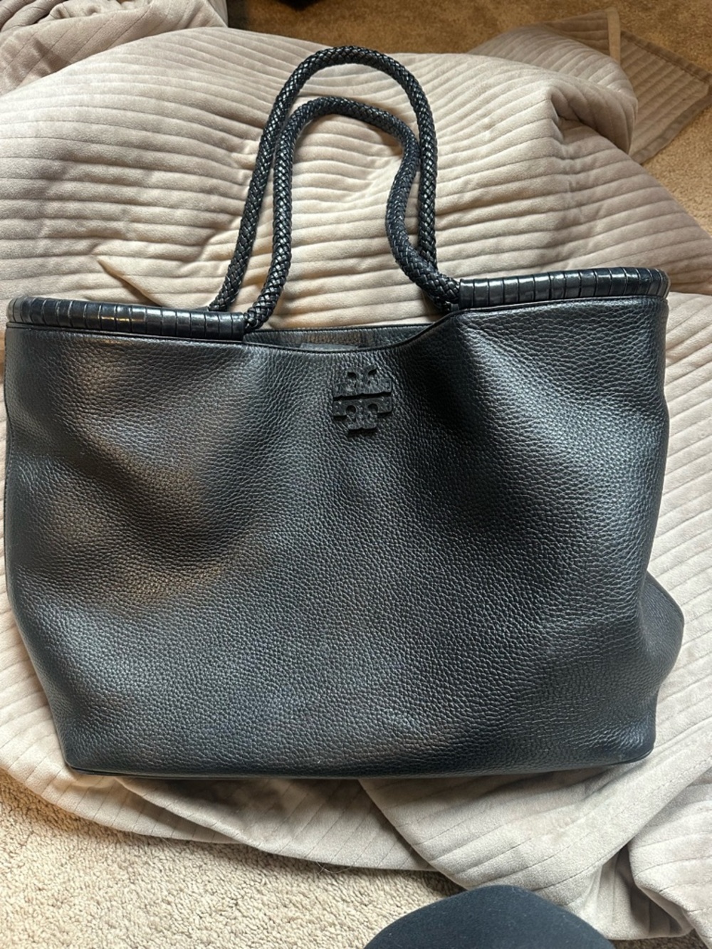 Tory Burch Black Leather Shoulder Tote with Braided Handles large
